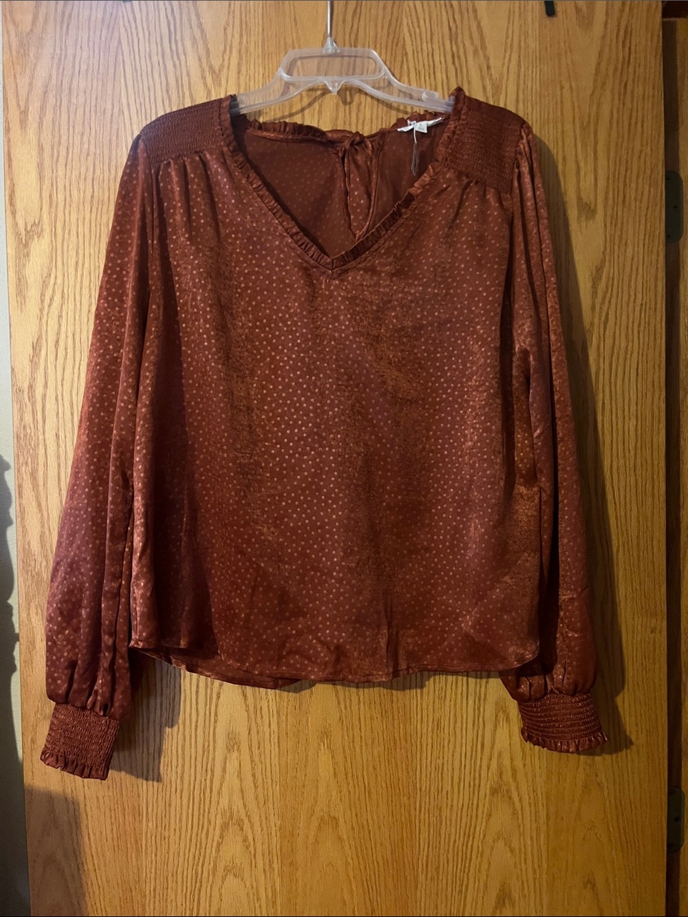 mine Rust Satin V‑Neck Tie Blouse with Smocked Cuffs